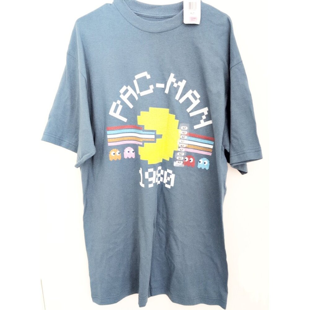 Pacman Graphic T Shirt Short Sleeve Blue Top Pixel Retro Aesthetic SIZE XTL NWT